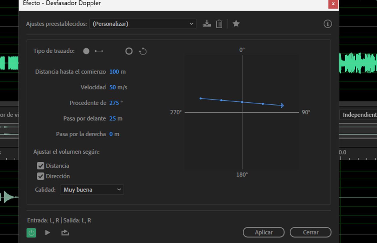 El cuadro de diálogo del efecto Doppler Shifter (procesar) está abierto y hay parámetros para controlar el movimiento de la fuente, la posición del oyente y los cambios resultantes de tono y volumen.