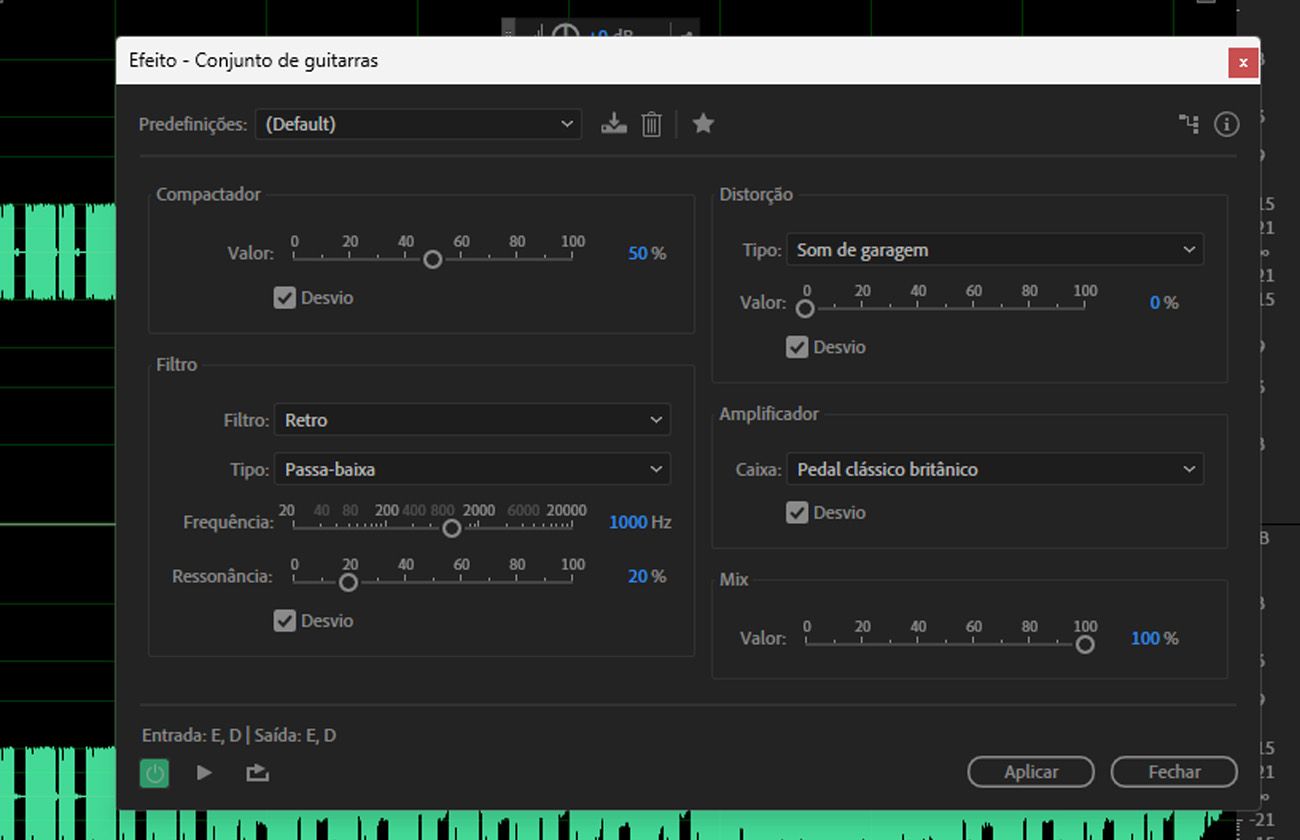 A caixa de diálogo do efeito Guitar Suite está aberta e há predefinições e controles para modelagem de amplificador, distorção, modulação e simulação de gabinete.