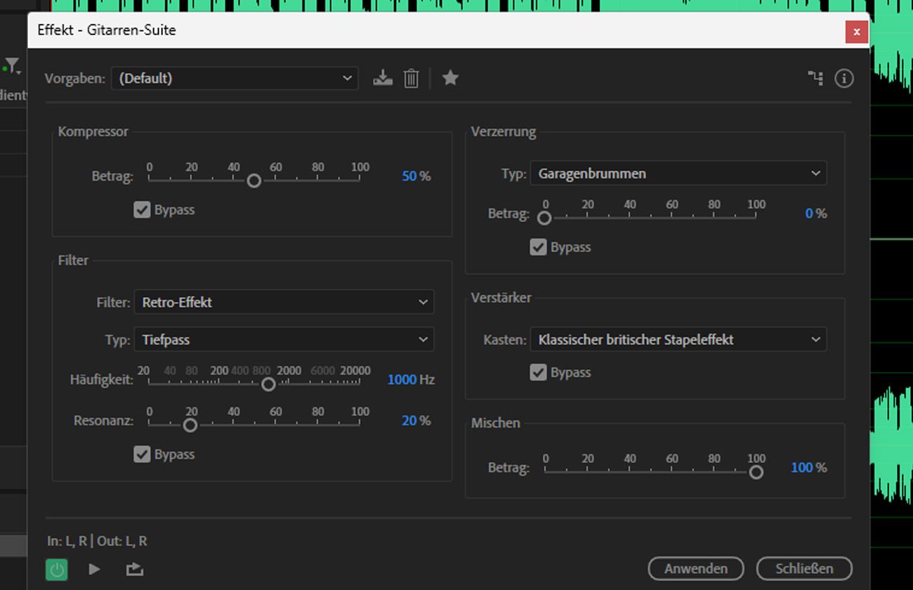 Das Dialogfeld für den Guitar Suite-Effekt ist geöffnet und es gibt Presets und Steuerelemente für Amp-Modellierung, Verzerrung, Modulation und Cabinet-Simulation.