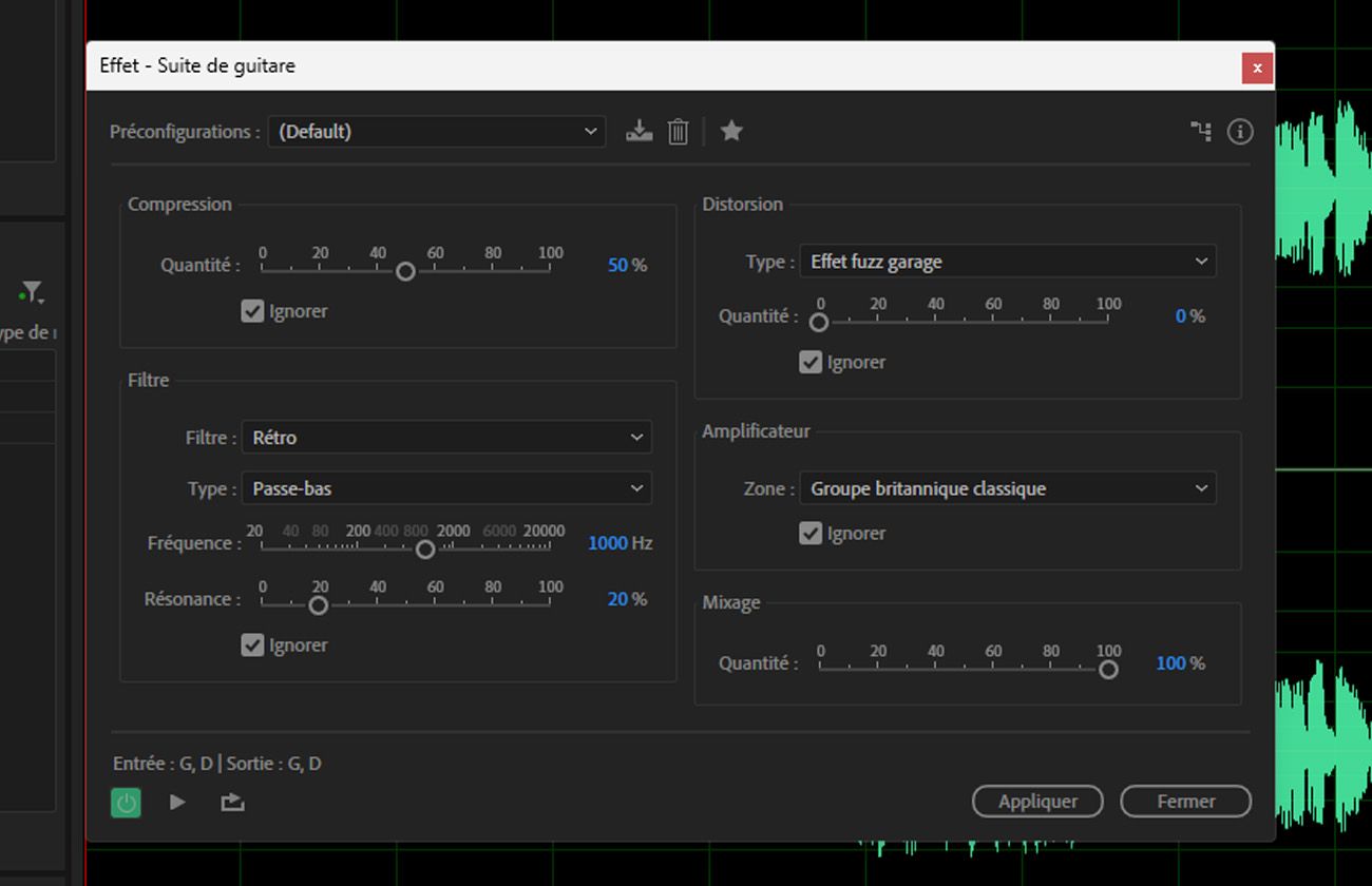 La boîte de dialogue de l'effet Suite de guitare est ouverte et contient des préréglages et des commandes pour la modélisation d'ampli, la distorsion, la modulation et la simulation de baffle.