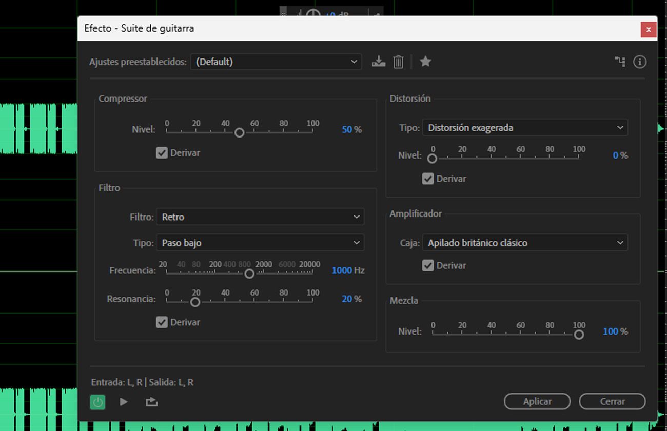 El cuadro de diálogo del efecto Guitar Suite está abierto y hay ajustes preestablecidos y controles para modelado de amplificador, distorsión, modulación y simulación de gabinete.