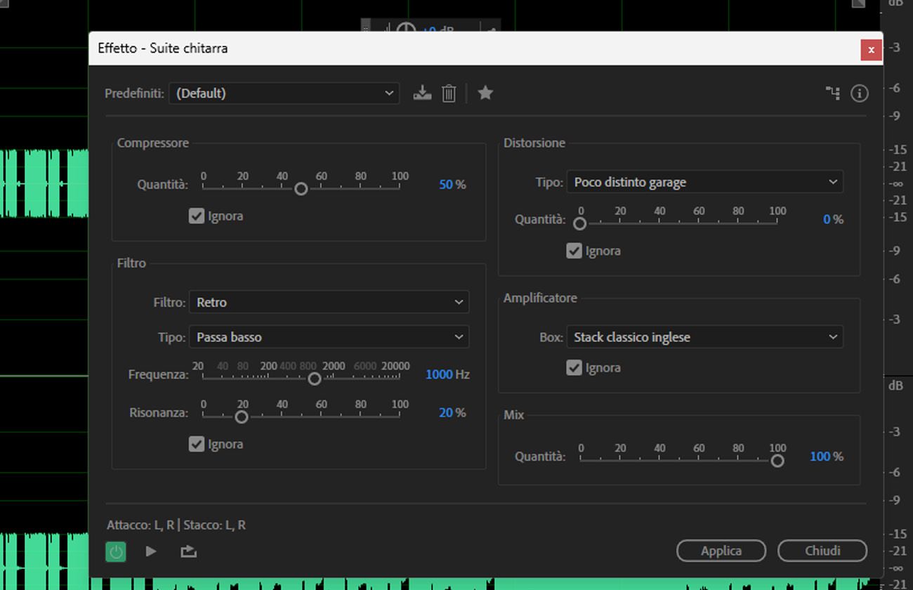 La finestra di dialogo dell'effetto Guitar Suite è aperta e sono presenti preset e controlli per la modellazione dell'amplificatore, distorsione, modulazione e simulazione del cabinet.