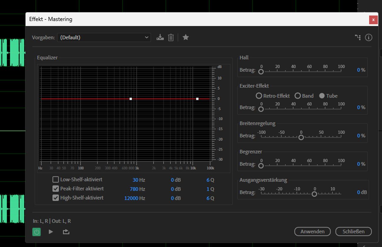 Das Dialogfeld für den Mastering-Effekt ist geöffnet und es gibt Presets und Parameter für die finale Mix-Verbesserung.