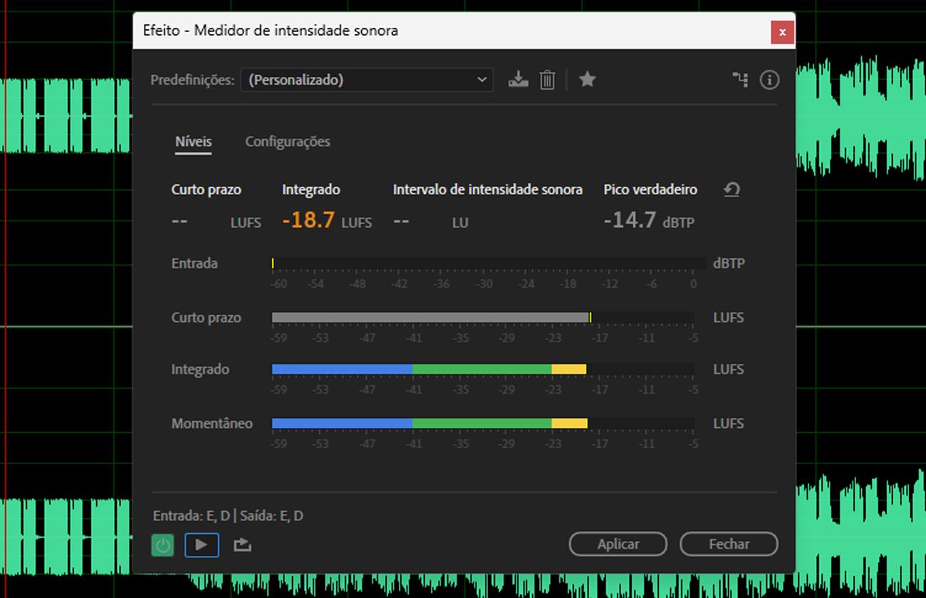 A caixa de diálogo do efeito “Medidor de volume” está aberta, com opções de visualizar os níveis ou ajustar as configurações.