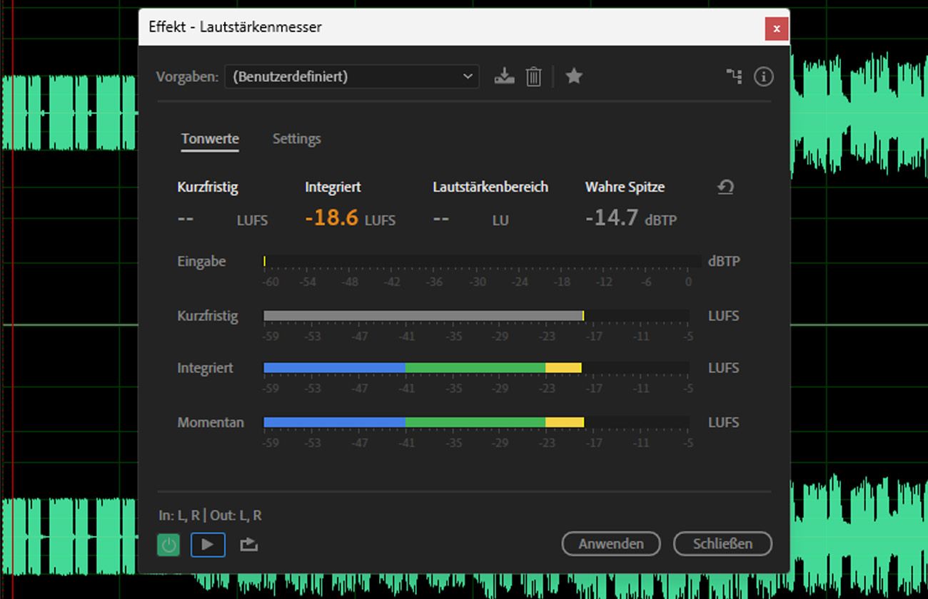 Das Dialogfeld für den Lautstärkemesser-Effekt ist geöffnet und es gibt options, um Pegel anzuzeigen oder die Einstellungen anzupassen.