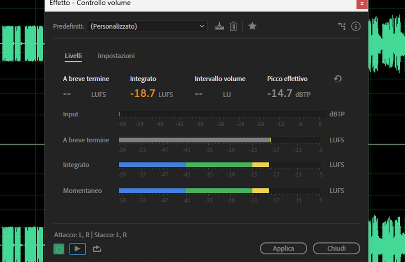 La finestra di dialogo dell'effetto Loudness Meter è aperta e sono disponibili options per visualizzare i livelli o regolare le Impostazioni.