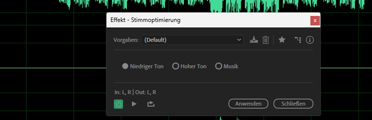 Das Dialogfeld für den Stimmoptimierung-Effekt ist geöffnet und enthält Steuerelemente zur Auswahl eines Stimmtyps, zur Anpassung von Klarheit, Präsenz und Wärme sowie zur Auswahl aus voreingestellten Verbesserungsprofilen.