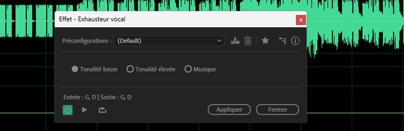 La boîte de dialogue de l'effet Exhausteur vocal est ouverte et contient des commandes pour sélectionner un type vocal, ajuster la clarté, la présence et la chaleur, et choisir parmi des profils d'amélioration prédéfinis.