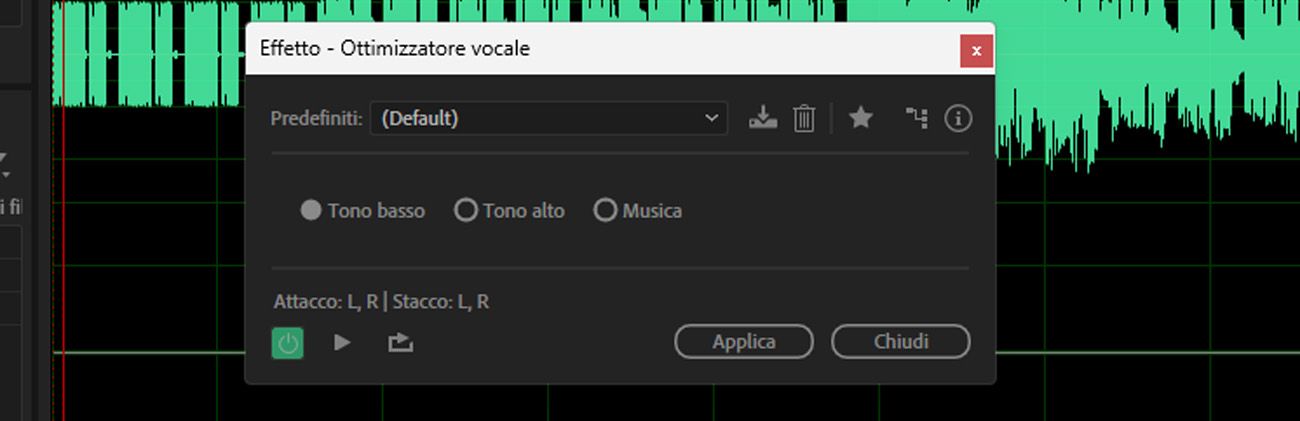 La finestra di dialogo dell'effetto Ottimizzatore vocale è aperta e sono presenti controlli per selezionare un tipo di voce, regolare chiarezza, presenza e calore, e scegliere tra profili di miglioramento preimpostati.