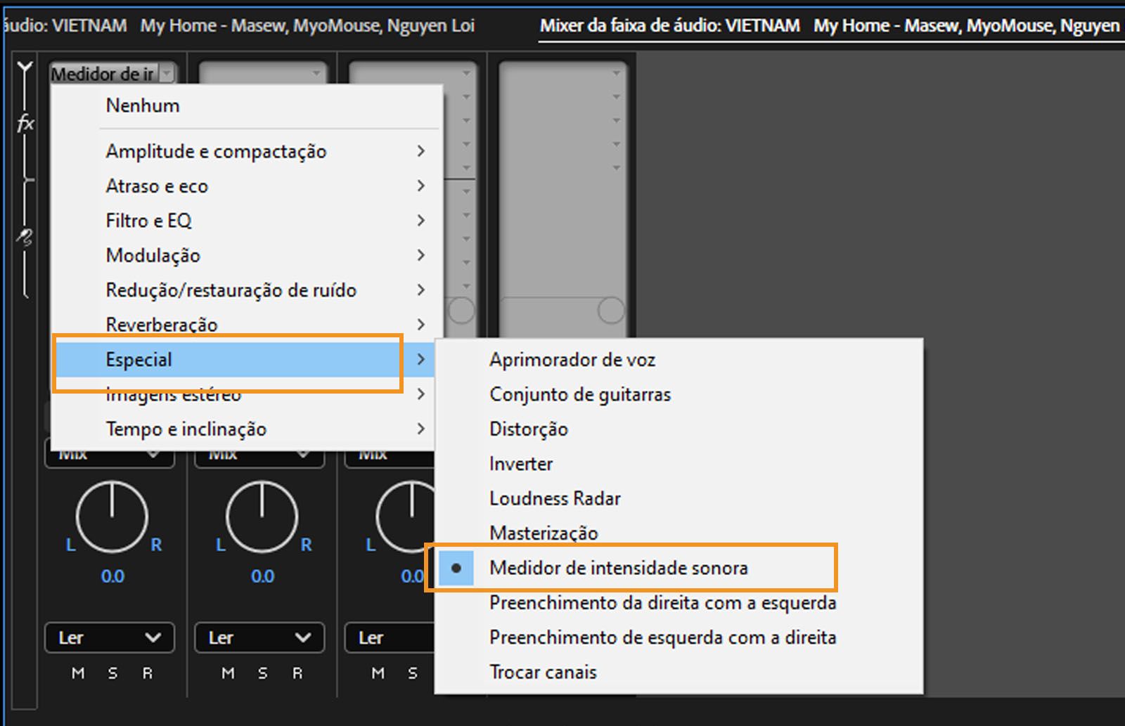 O menu “Medidor de volume” aberto com os comandos “Especial” e “Medidor de volume” selecionados. 
