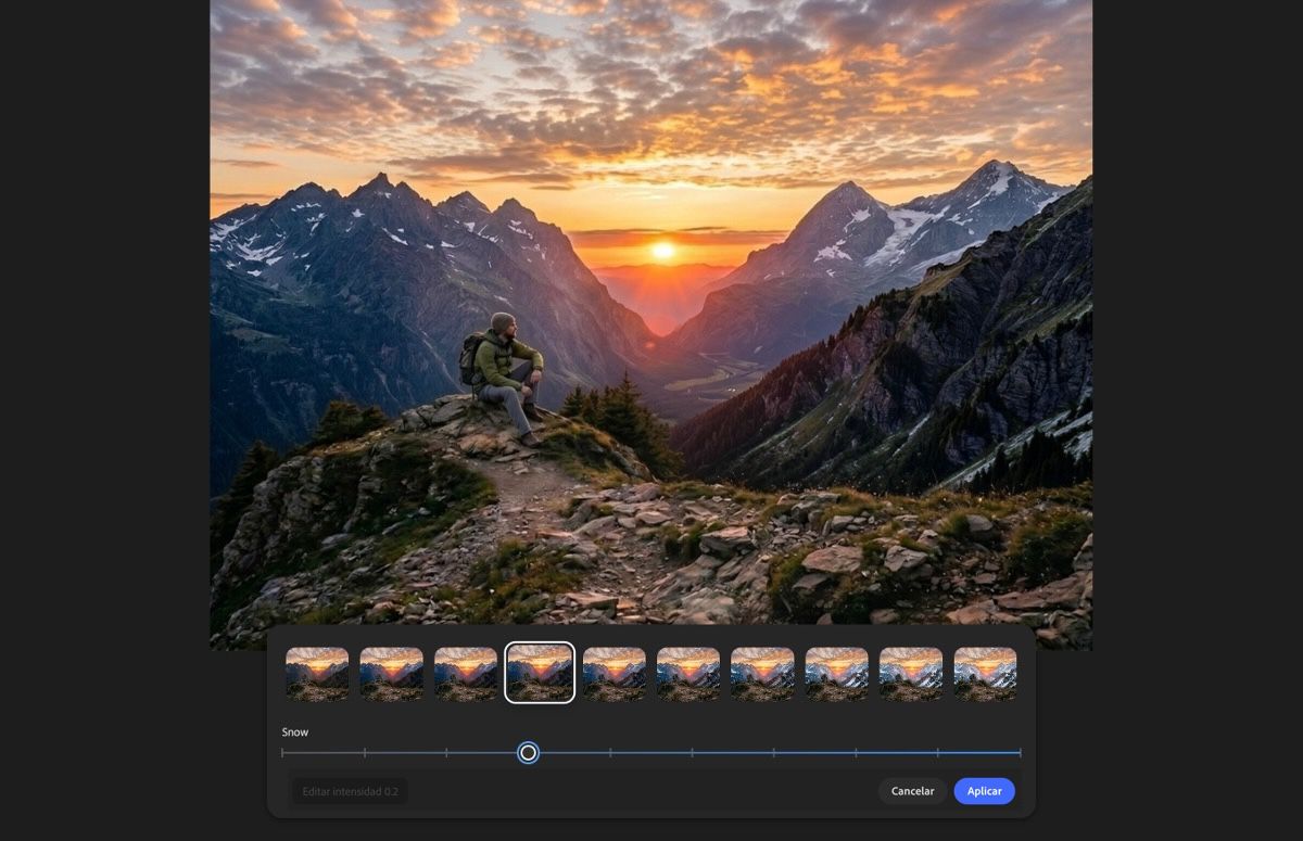 La página de control de espectro muestra un regulador para ajustar la intensidad del efecto en la imagen con miniaturas de vista previa en directo.