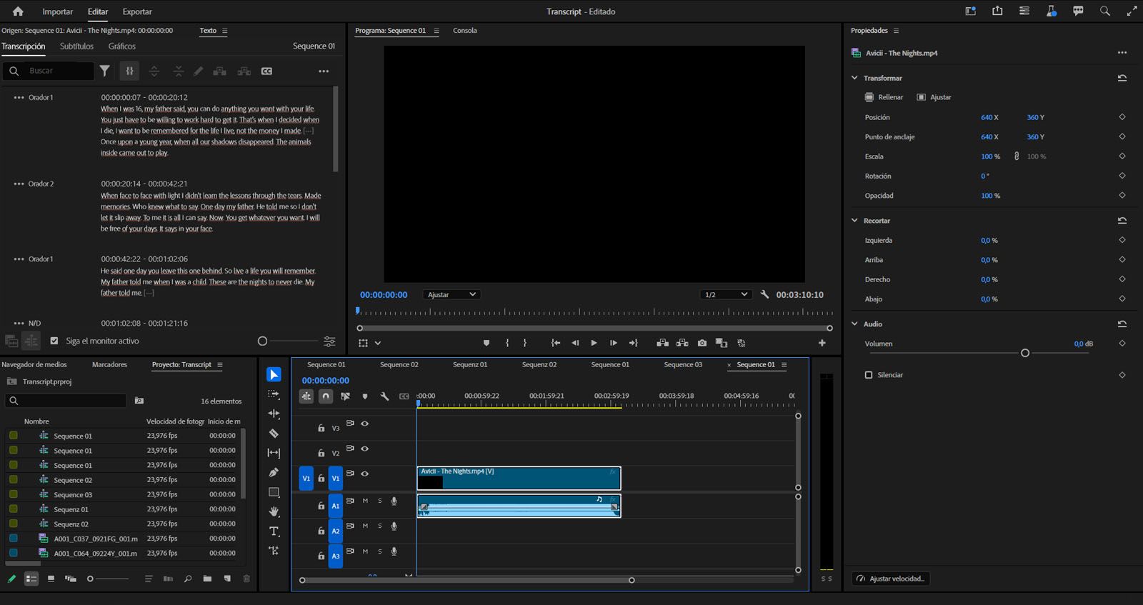 El espacio de trabajo Subtítulos y gráficos está abierto y se muestra la sección Transcripción.