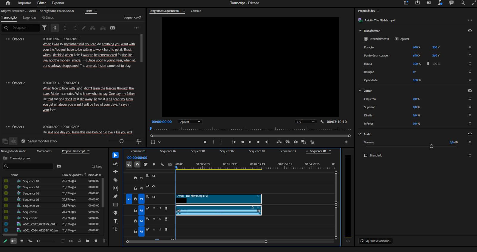 O espaço de trabalho “Legendas e gráficos” aberto com a seção “Transcrição” exibida.