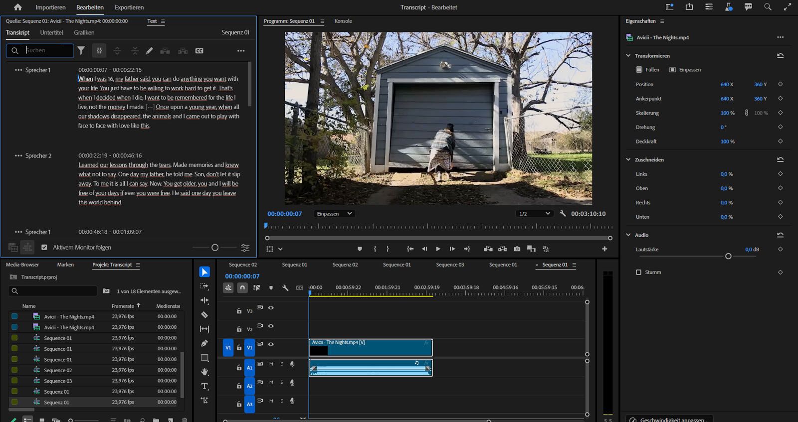 Der Arbeitsbereich „Untertitel und Grafiken“ ist geöffnet und der Abschnitt „Transkript“ wird angezeigt.