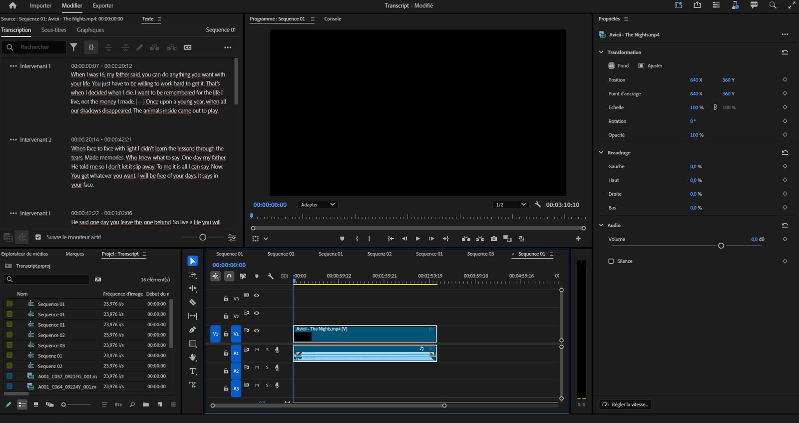 L’espace de travail des sous-titres et des graphiques est ouvert et la section Transcription s’affiche.