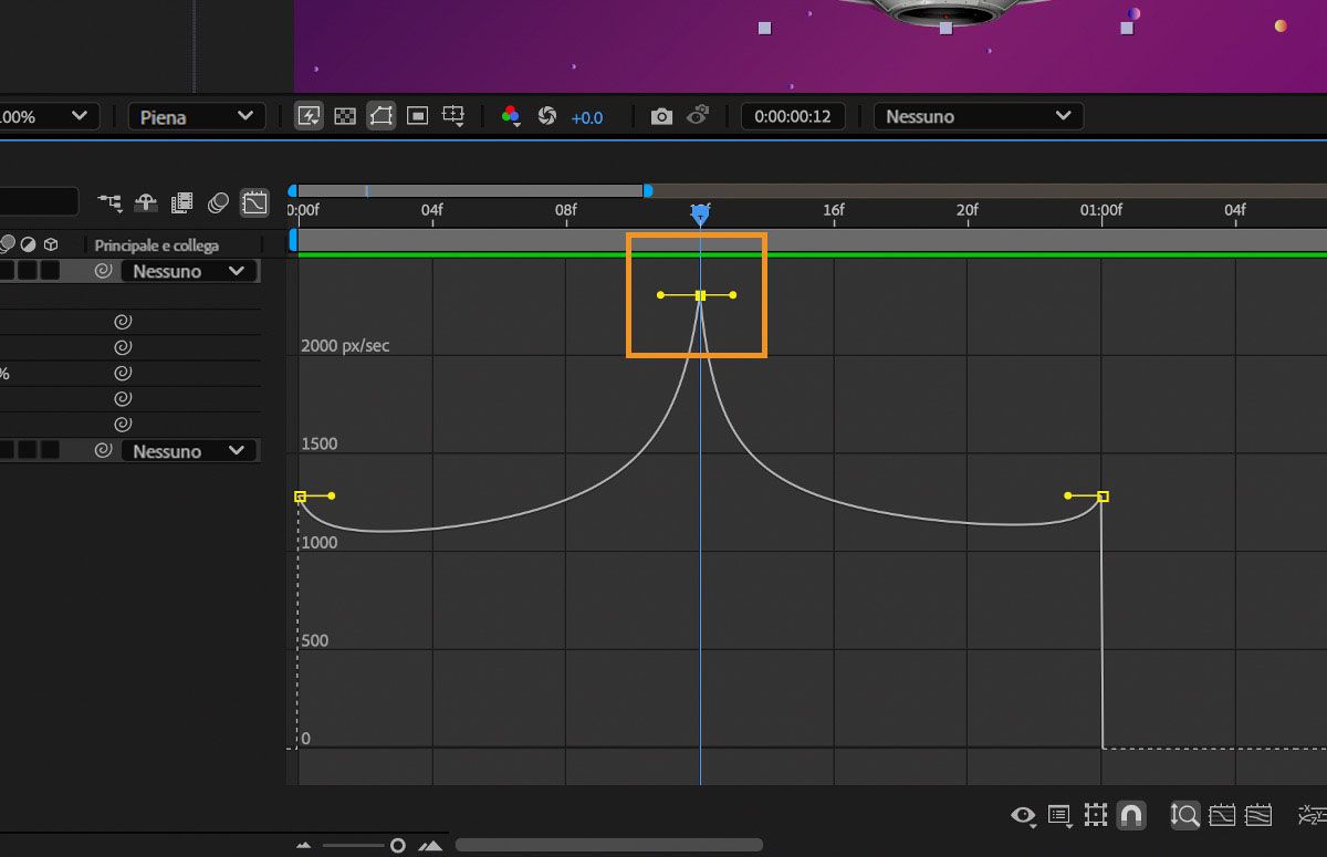 Le maniglie direzionali del fotogramma chiave vengono trascinate verso l’alto per creare un picco.
