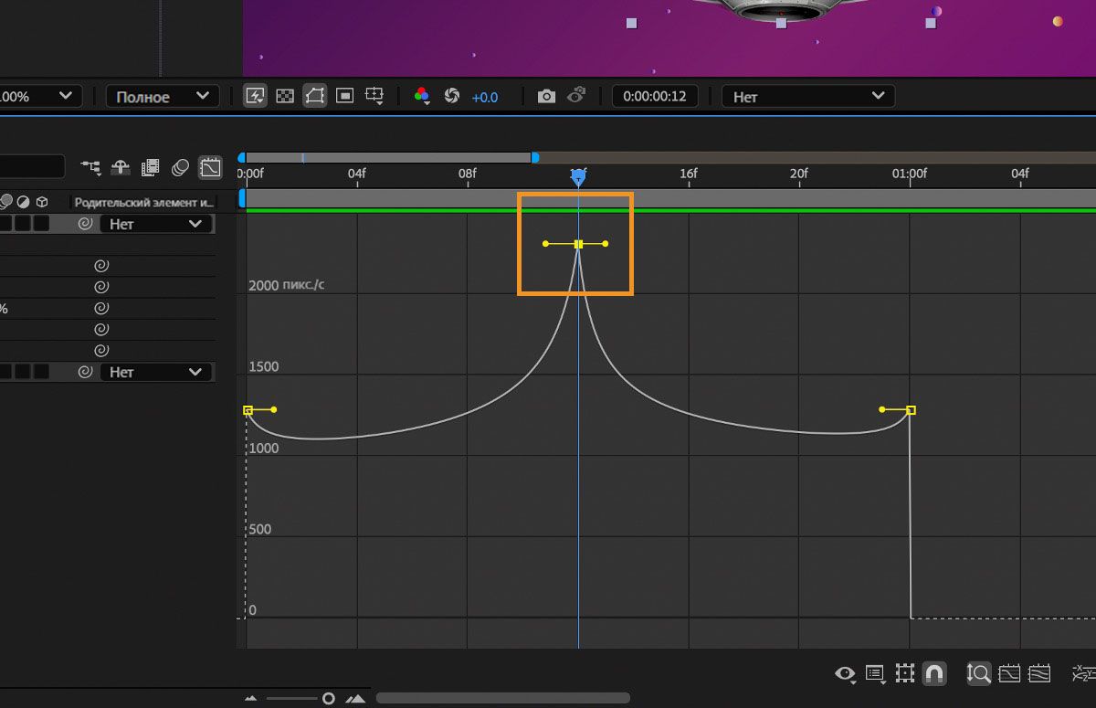 Дескрипторы направления ключевого кадра перетаскиваются вверх для создания пика.
