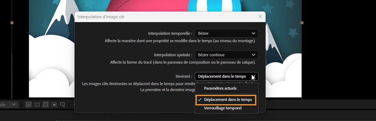 La boîte de dialogue Interpolation de l’image clé est ouverte et dans le menu déroulant Itinérance, l’option Itinérance dans le temps est sélectionnée.