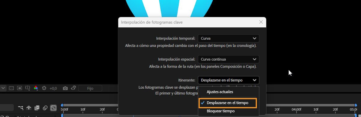 El cuadro de diálogo Interpolación de fotogramas clave está abierto y en el menú desplegable Desplazamiento está seleccionada la opción Desplazarse en el tiempo.
