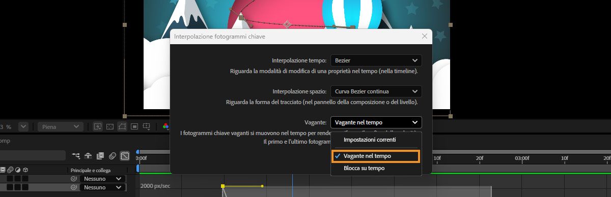 La finestra di dialogo Interpolazione fotogrammi chiave è aperta e nel menu a discesa Vagante è selezionata l’opzione Vagante nel tempo.