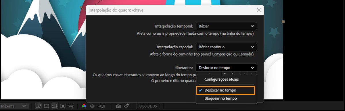 A caixa de diálogo “Interpolação de quadros-chave” é aberta com a opção “Deslocar no tempo” selecionada no menu suspenso “Itinerante”.