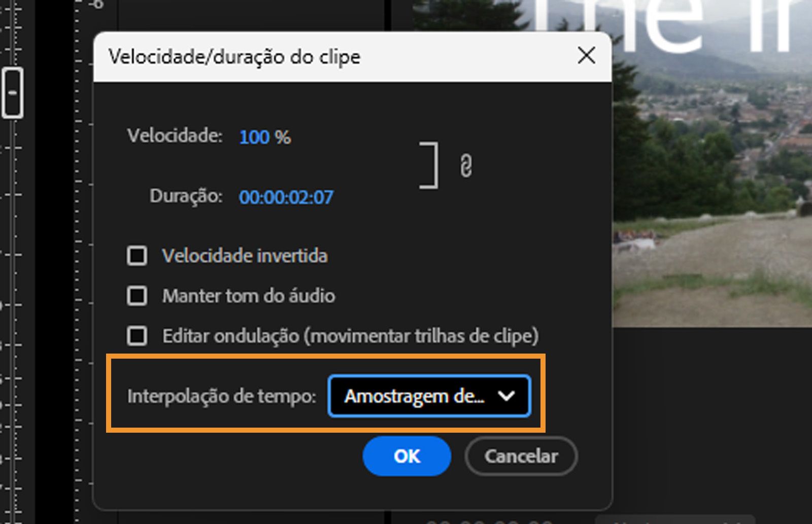 A caixa de diálogo “Velocidade/duração do clipe” aberta com opções para ajustar a velocidade de reprodução e a duração dos seus clipes de vídeo.