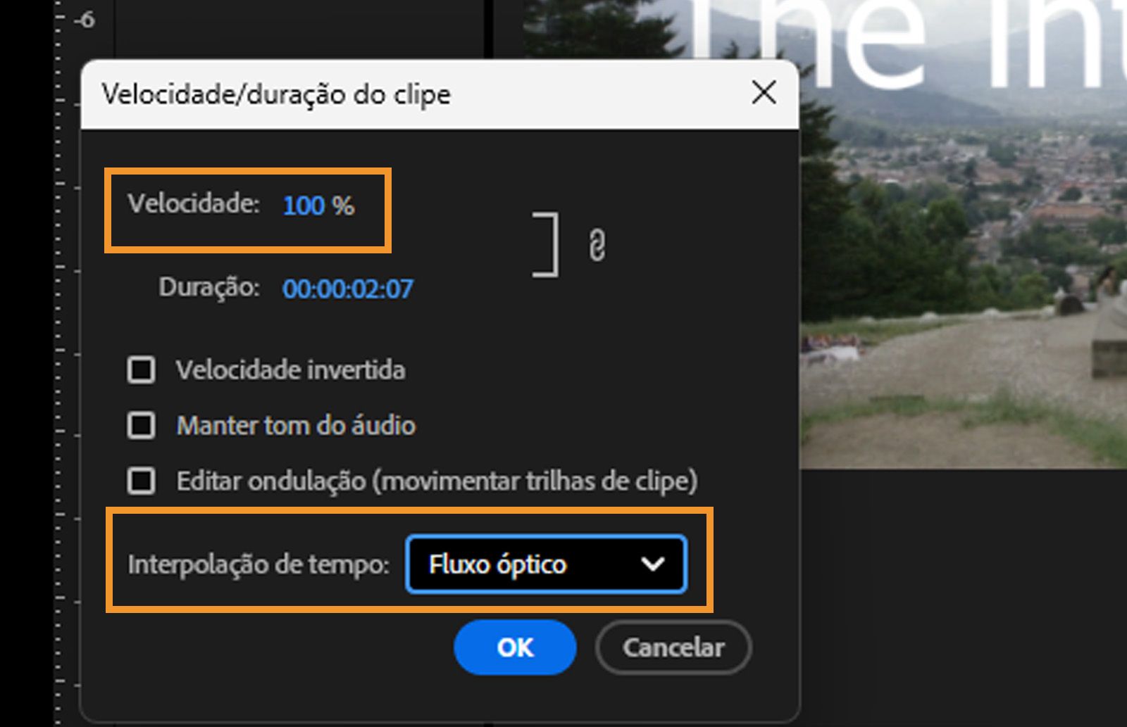 A caixa de diálogo “Velocidade/duração do clipe” aberta com opções para ajustar a velocidade de reprodução e a duração dos seus clipes de vídeo.