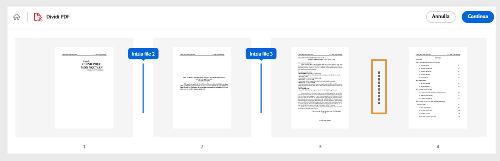 Immagine che mostra le miniature delle pagine separate da linee tratteggiate.  Una linea tratteggiata è selezionata ed evidenziata per contrassegnare la posizione di divisione.