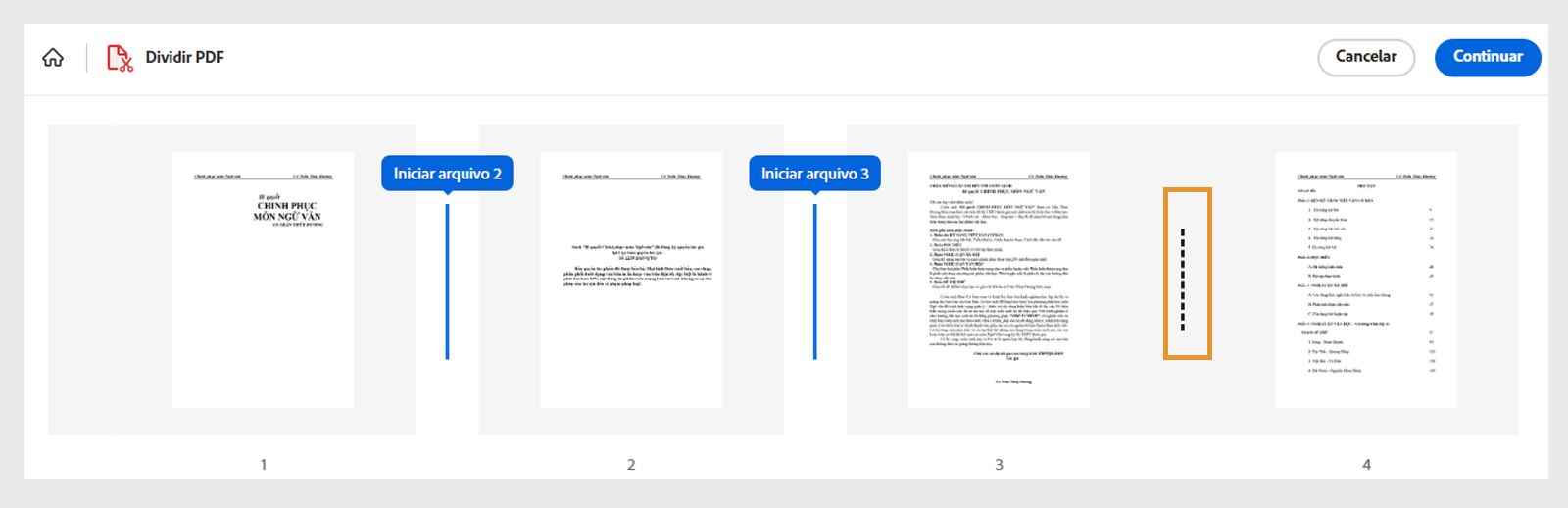 A imagem exibe miniaturas de páginas separadas por linhas pontilhadas.  Uma linha pontilhada é selecionada e destacada para marcar a posição de divisão.
