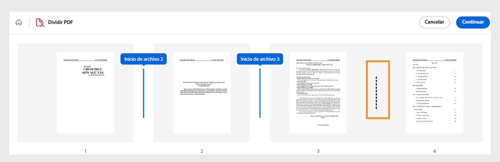 La imagen muestra miniaturas de páginas separadas por líneas de puntos.  Se selecciona y resalta una línea de puntos para marcar la posición de división.