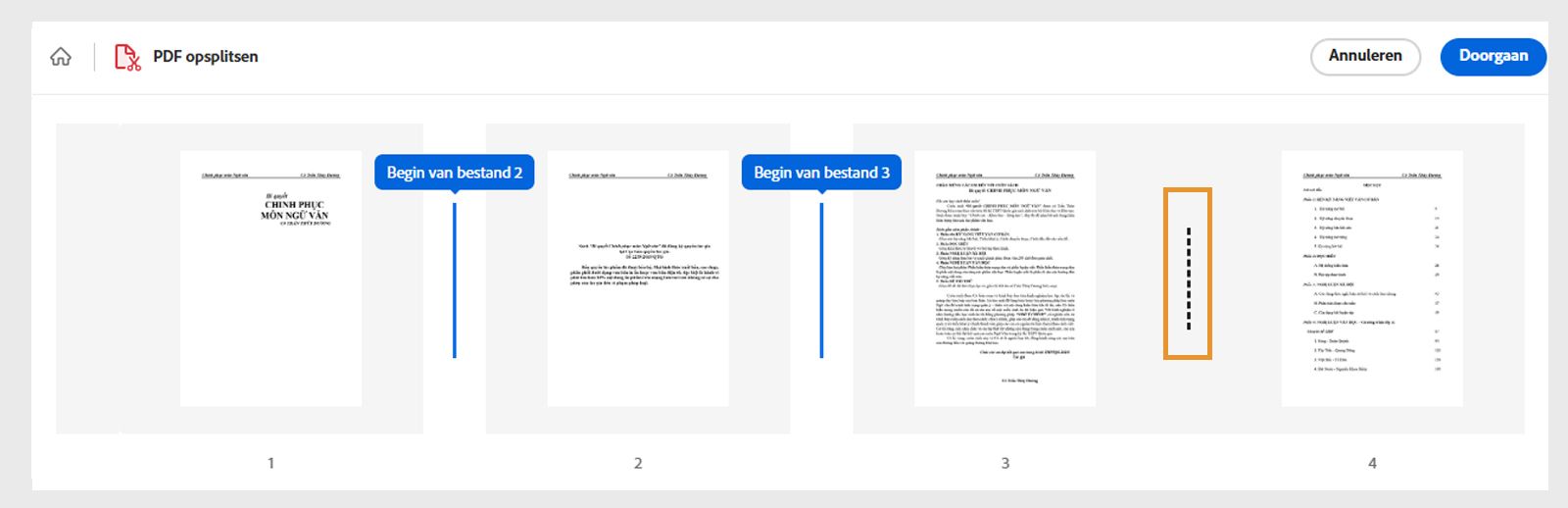 De afbeelding toont paginaminiaturen gescheiden door stippellijnen.  Eén stippellijn is geselecteerd en gemarkeerd om de splitspositie aan te geven.