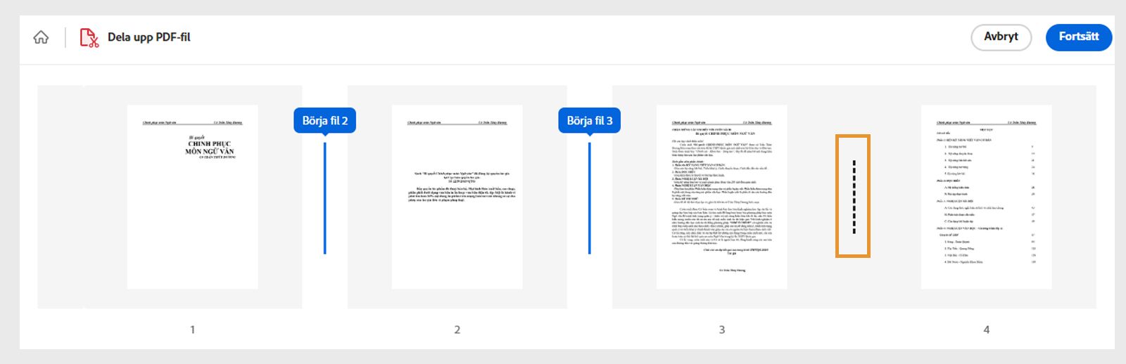 Bilden visar sidminiatyrbilder separerade med prickade linjer.  En prickad linje väljs och markeras för att markera delningspunkten.