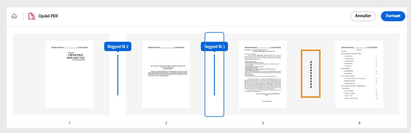 Billedet viser sideminiaturebilleder adskilt af stiplede linjer.  En stiplet linje markeres og fremhæves for at markere den opdelte position.