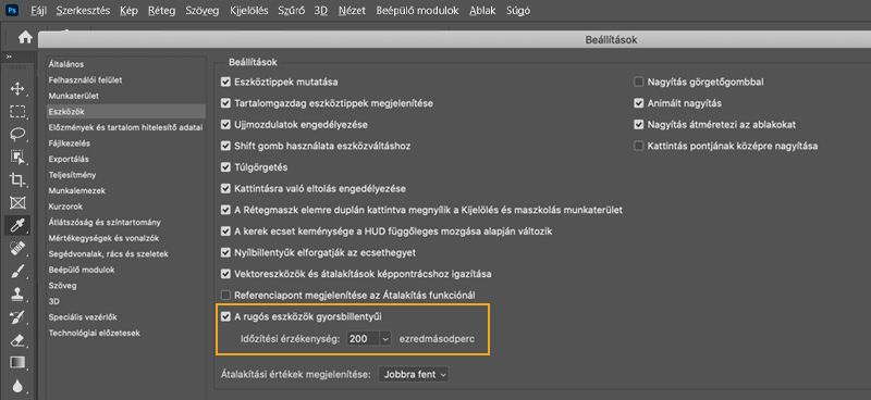 Rugós gyorsbillentyűk az eszközökhöz