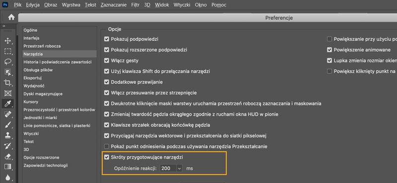 Preferencja skrótów przygotowujących narzędzia