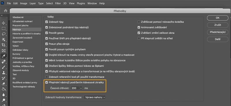 Předvolba pro přepínání nástrojů podržením klávesové zkratky