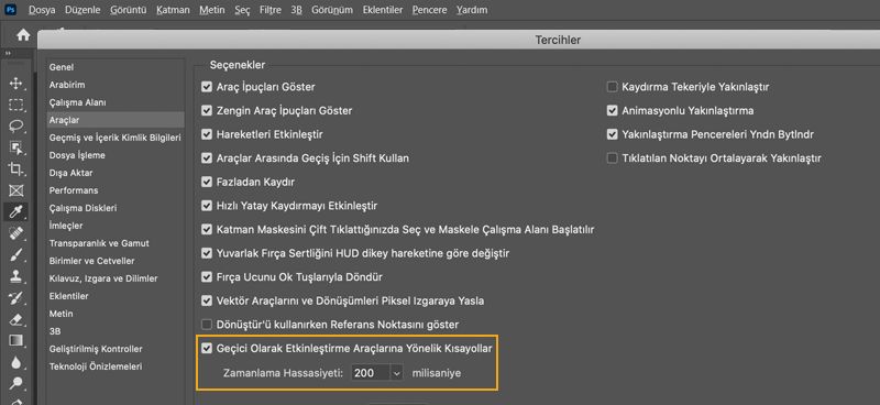 Geçici Olarak Etkinleştirme araçlarına yönelik kısayol tercihi