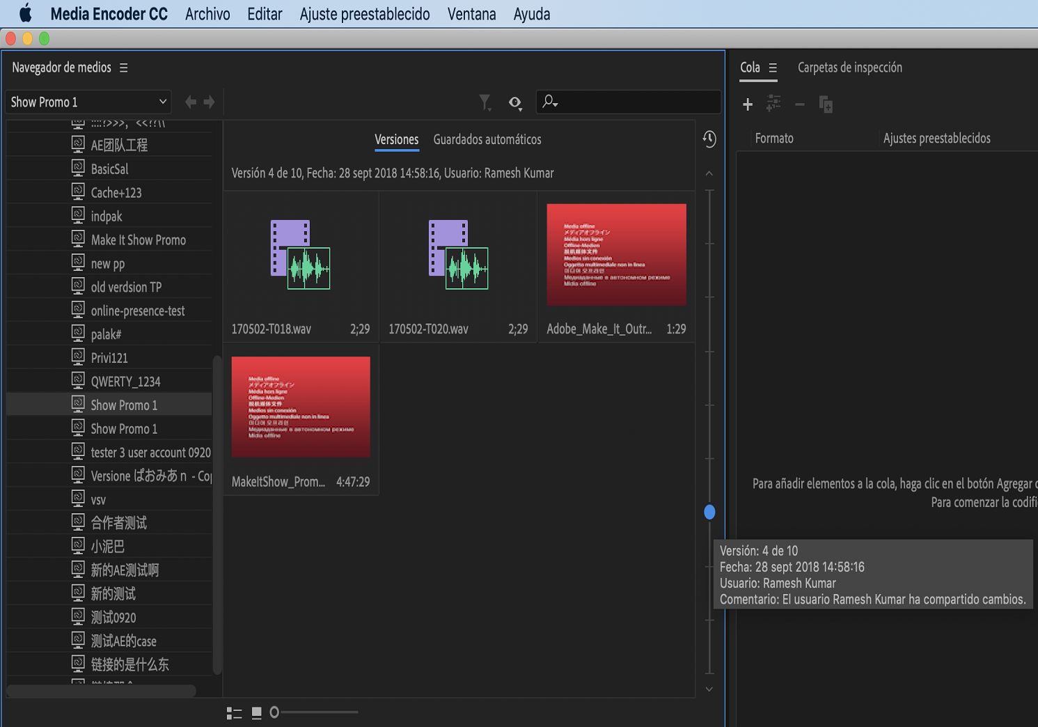 Uso del regulador para visualizar versiones anteriores de proyectos de equipo