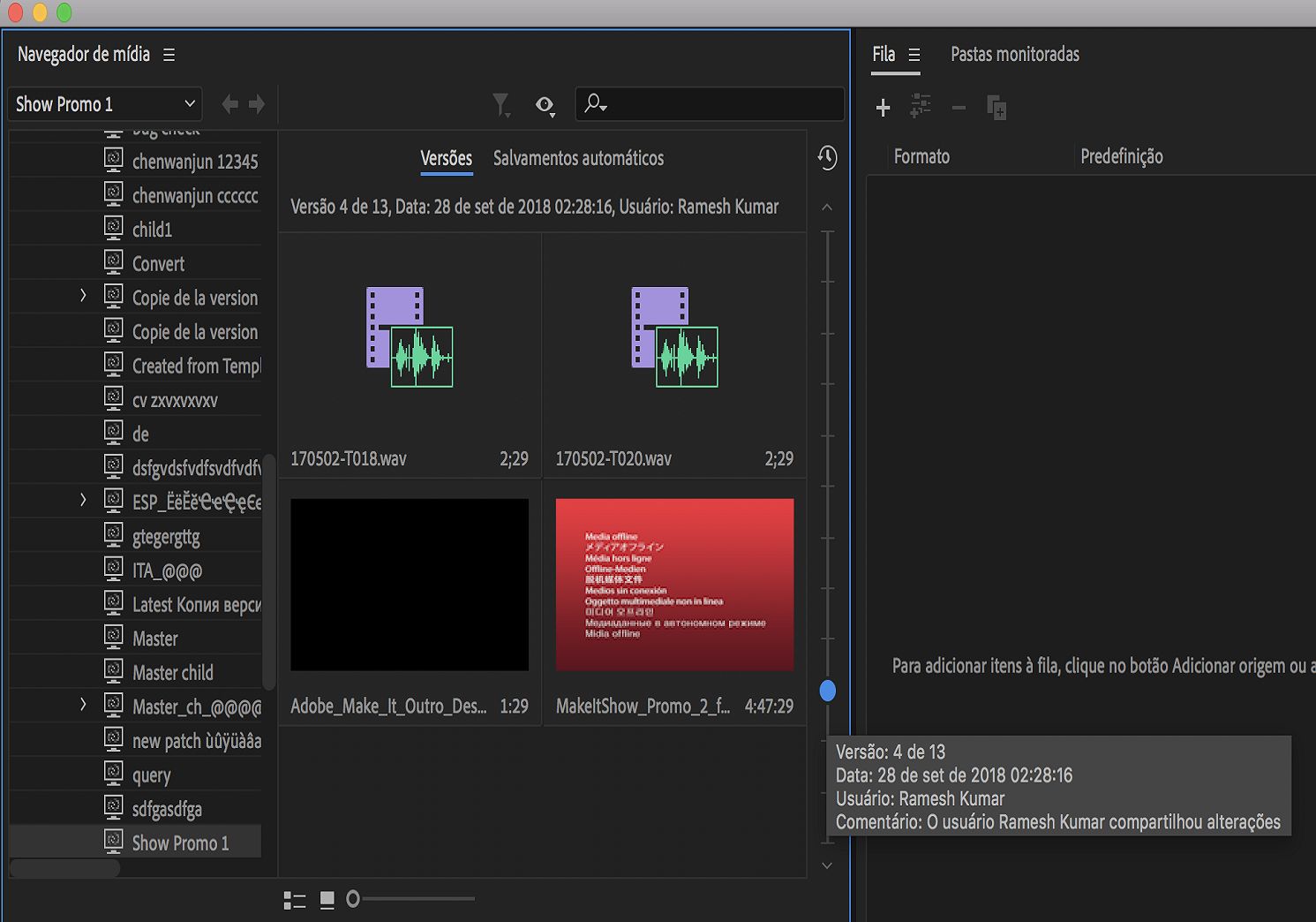 Usar o controle deslizante para visualizar versões anteriores dos projetos de equipe
