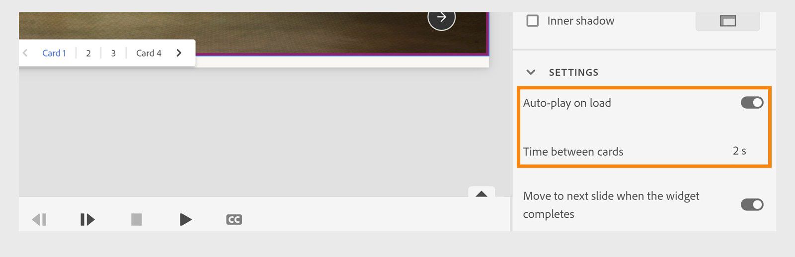 Interfaz de Captivate que muestra la configuración del intervalo de tiempo entre tarjetas de un widget de tarjetas apiladas