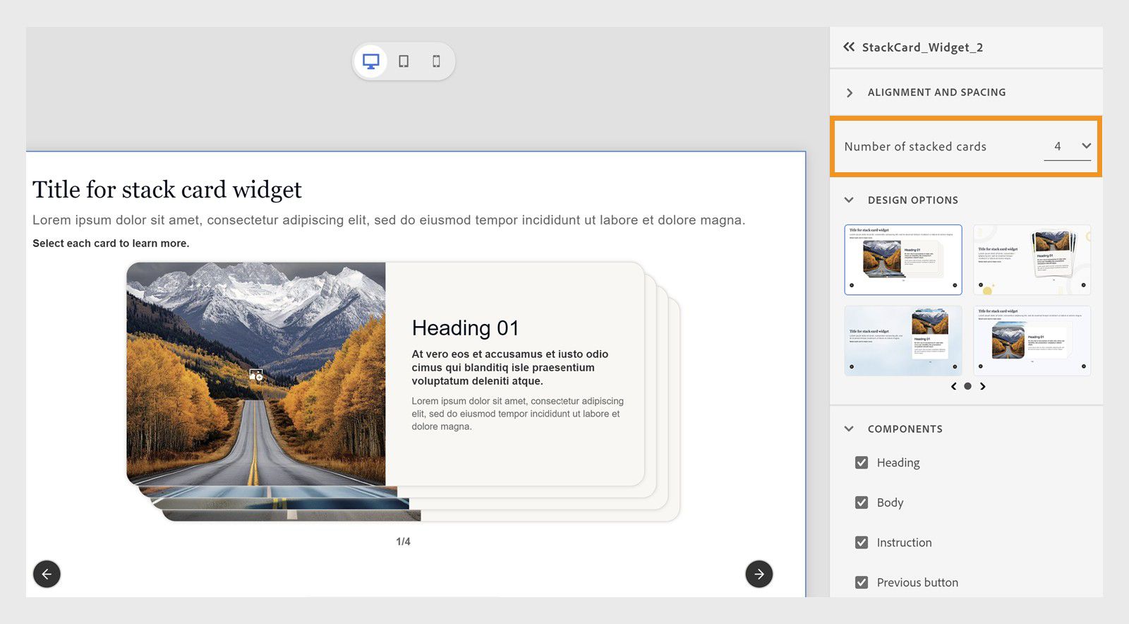 interfaz de Captivate mostrando el widget de tarjetas apiladas