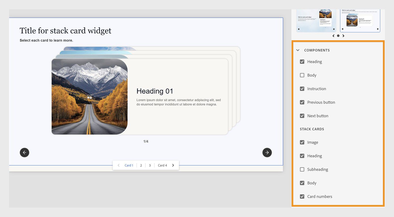 Interfaz de Captivate que muestra los componentes del widget de tarjetas apiladas