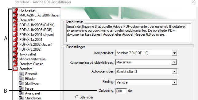 Dialogboksen Adobe PDF-indstillinger (Windows)