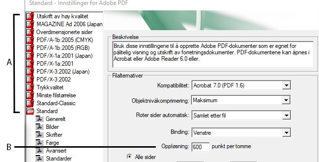 Dialogboksen Adobe PDF-innstillinger (Windows)