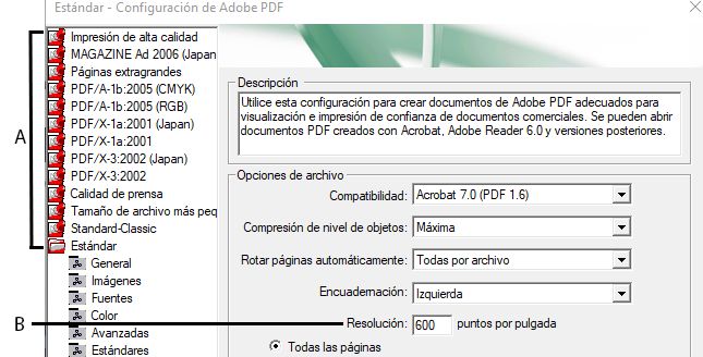 Cuadro de diálogo Configuración de Adobe PDF (Windows)