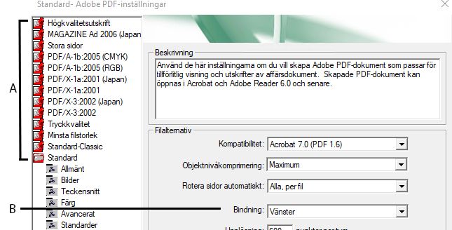 Dialogrutan Adobe PDF-inställningar (Windows)