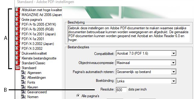 Dialoogvenster Adobe PDF-instellingen (Windows)