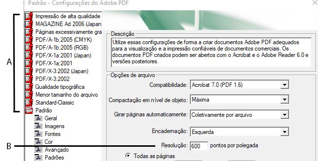 Caixa de diálogo Configurações do Adobe PDF (Windows)