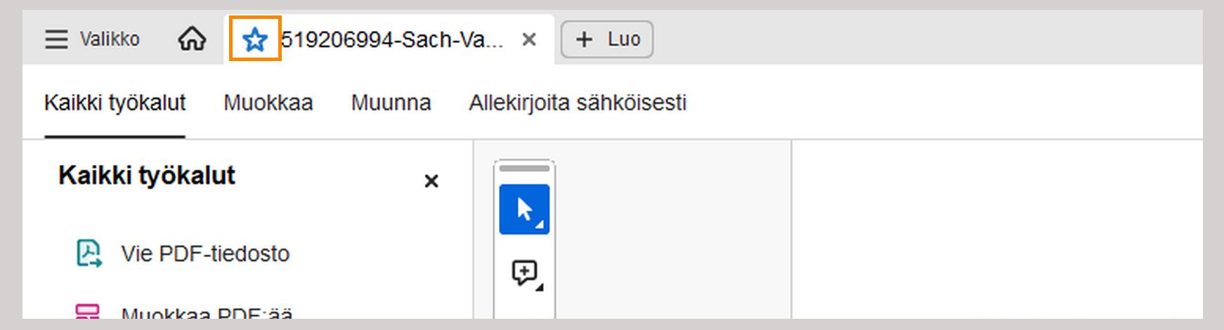 Merkitse tiedosto tähdellä tiedostonimestä yleisellä valikkorivillä