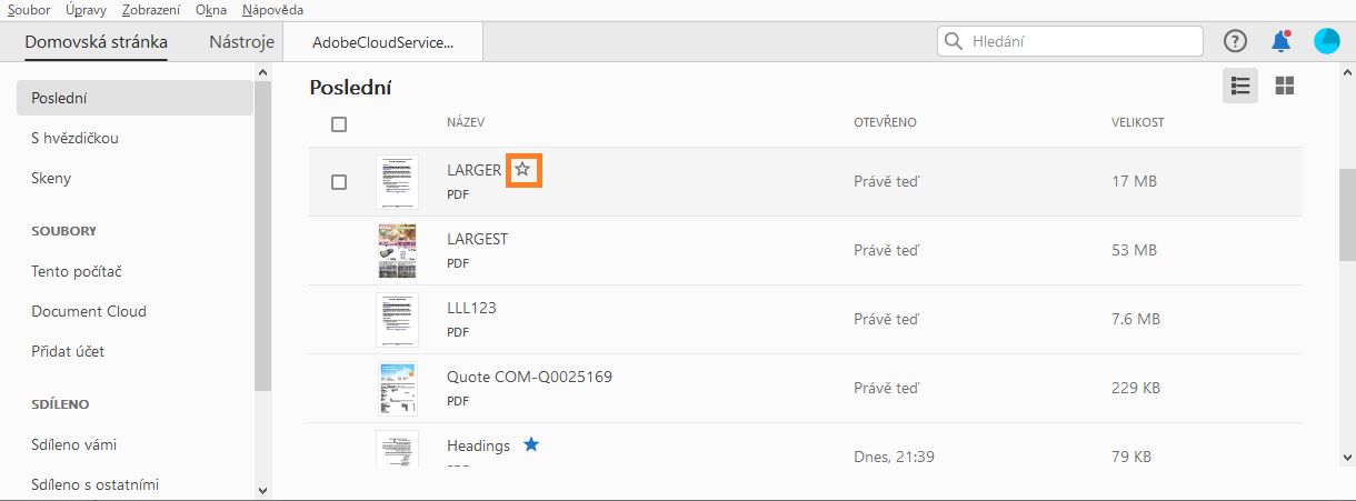 Označení hvězdičkou souboru v části Poslední